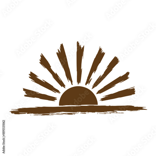 Vintage Grunge texture sunrise symbol with rays and half circle sun on horizon line  abstract morning graphic element