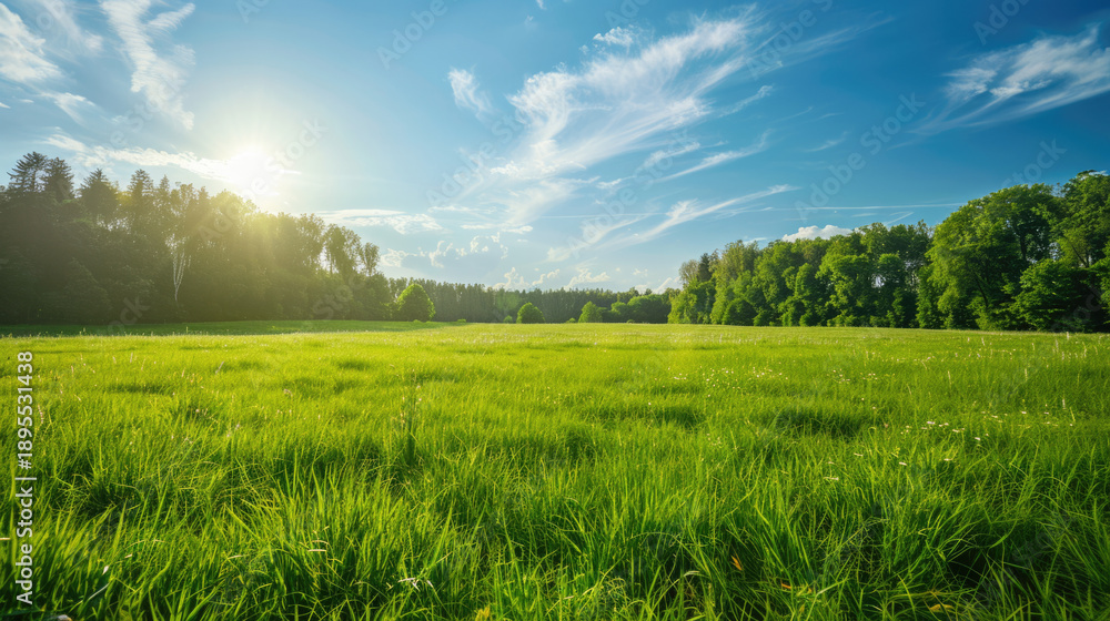 Fototapeta premium Idyllic landscape of countryside green spring nature field with blue sky.