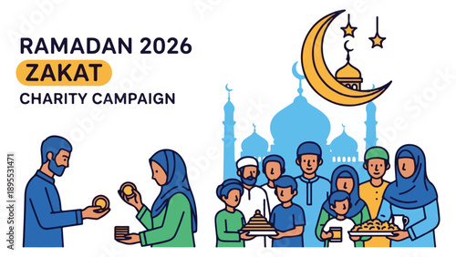 Islamic Charity Campaign Illustration with Mosque and Family
