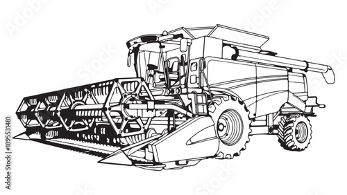 Line Art Illustration of Agricultural Combine Harvester Machine