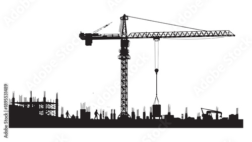 Monochromatic Industrial Construction Site Silhouette with Crane, Buildings, and Workers