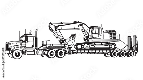 Monochrome Illustration of Excavator on Flatbed Truck