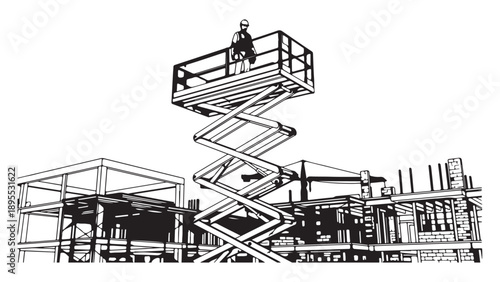 Scissor Lift Construction Site Black and White Line Art