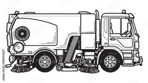 Monochrome Line Art Illustration of a Street Sweeper Truck