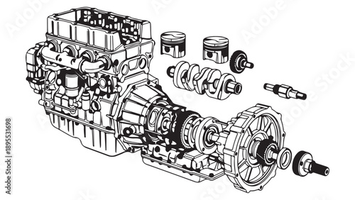 Exploded View of Automotive Powertrain Components in Line Art
