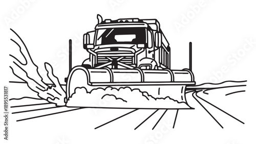Black and White Line Art Illustration of a Snow Plow Truck