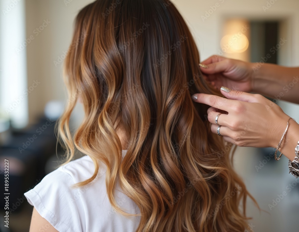 Fototapeta premium Stylist crafts waves in long brown hair with blonde highlights at salon. Client receives beauty treatment, hairstyling session. Elegant styling work for shiny hair.