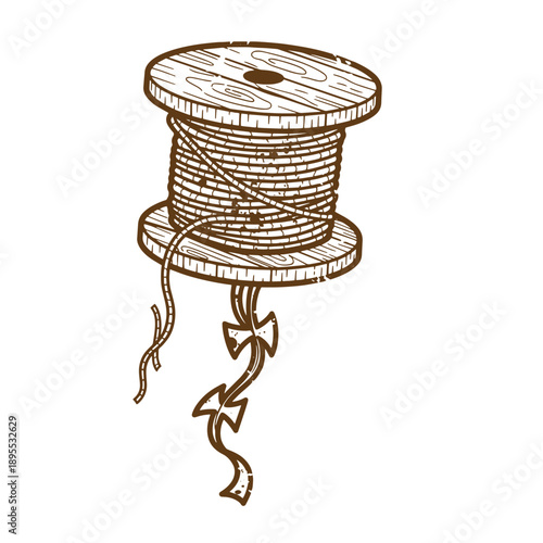 Vintage Grunge texture a spool of twine with a wooden spool and string coming off the bottom  isolated on white background