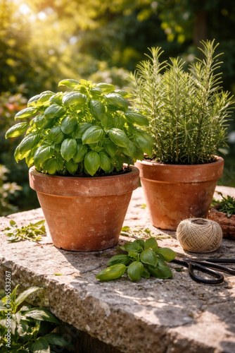 Fresh basil and rosemary herbs in terracotta pots outdoors
