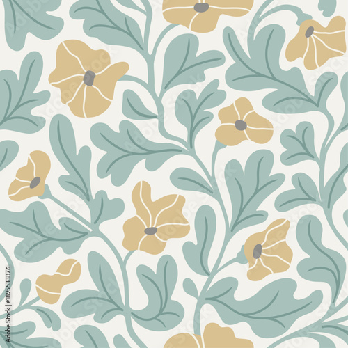 Vintage Floral Seamless Pattern with Muted Pastel Flowers and Leaves
