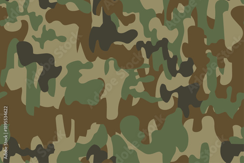 Full Seamless classic woodland camouflage pattern for army military print background. Soft cutout shapes create a strong camo look. Perfect for jackets, shirts, pants, and gear. Clean vector repeat.
