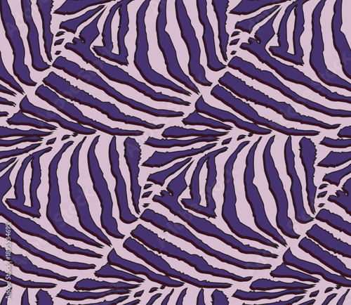 Full Seamless purple and pink zebra tiger stripe pattern. Distressed contour lines create an edgy graphic print. Trendy animal skin background for streetwear fabric, activewear, and wraps.