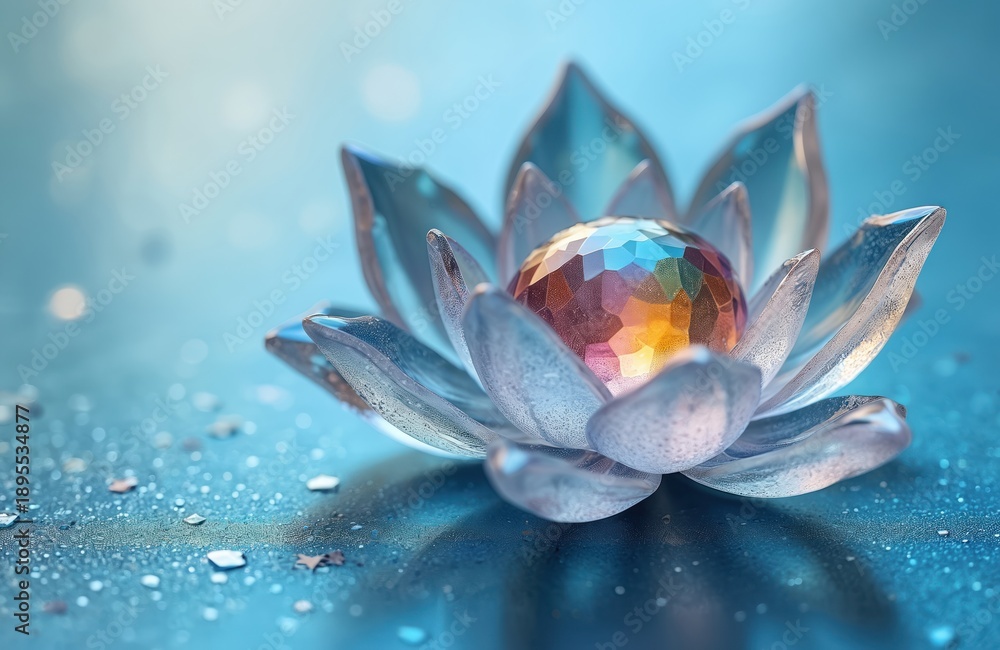 Fototapeta premium Crystal lotus flower centerpiece sits on glossy blue table. Center gem refracts rainbow light. Calm, clean atmosphere ideal for meditation and spiritual themes.