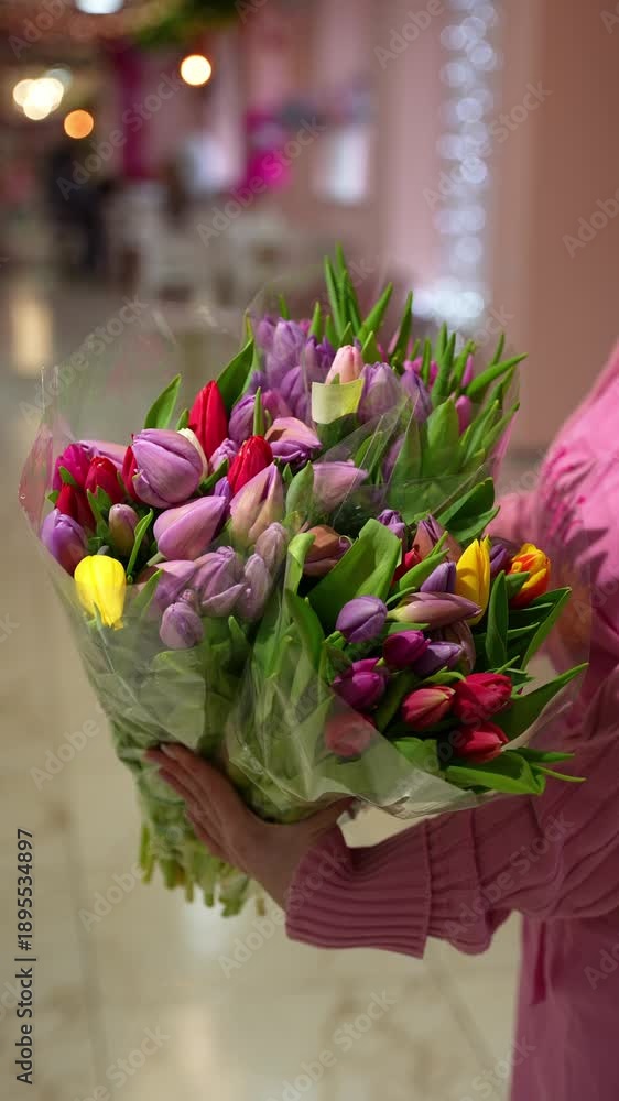 custom made wallpaper toronto digitalWoman holding a bouquet of colorful tulips. Tulip bouquet concept.