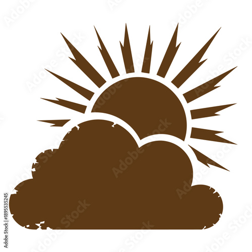 Vintage Grunge texture sunrise behind a cloud with sharp sunbeams in the sky  weather icon