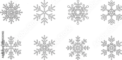 Collection of thin line snowflake vector icons with symmetrical winter crystal designs in black outline style, showing various delicate frost patterns.