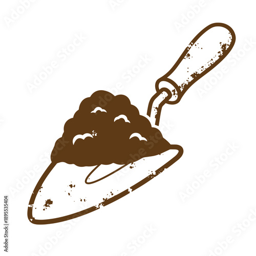 Vintage Grunge texture Trowel with a pile of soil or clay on its blade for gardening or construction work  useful for landscaping and DIY projects