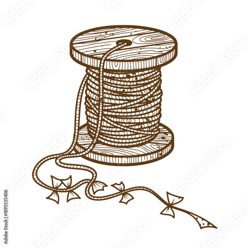 Vintage Grunge texture Vintage spool of thread with loose end and bows  sewing notion for crafting and textile projects