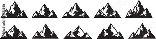 Set of black mountain silhouette icons with sharp peaks and snow details in flat vector style showing various rugged alpine shapes.