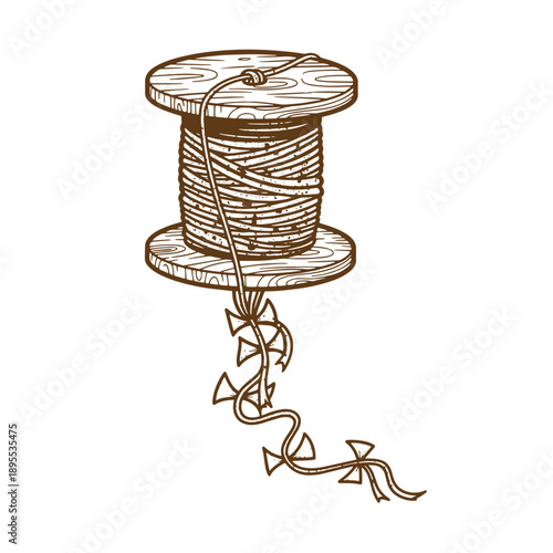 Vintage Grunge texture Vintage wooden spool of thread with barbed wire isolated on white background