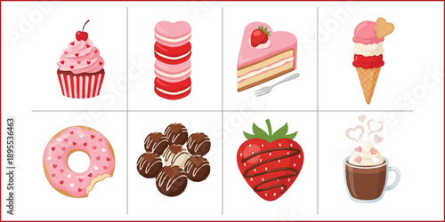 Valentine's Day sweets and desserts collection. Cupcakes, chocolate, and strawberries.