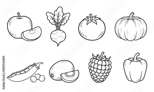 Wallpaper Mural Set of outline vector icons of fruits and vegetables, black and white food doodles, healthy organic products coloring elements Torontodigital.ca
