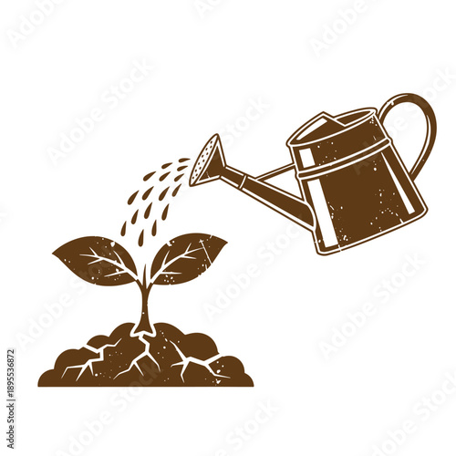 Vintage Grunge texture a drawing of a brown watering can watering a small green plant with two leaves on a clod of dirt