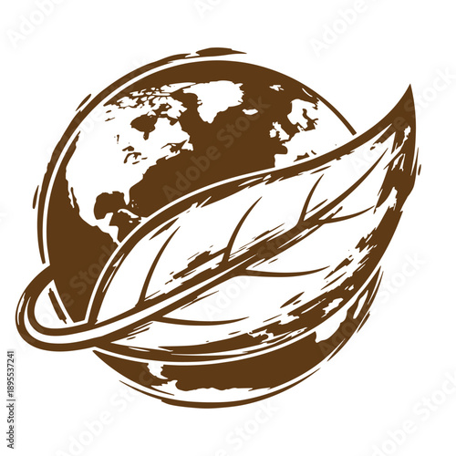 Vintage Grunge texture Earth planet with leaf and ring on white background  eco concept symbol