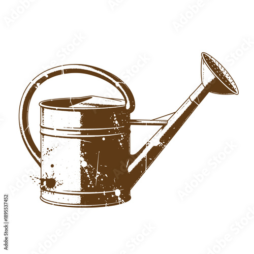 Vintage Grunge texture grunged illustration of an old metal garden watering can in one color  symbolizing manual watering tasks