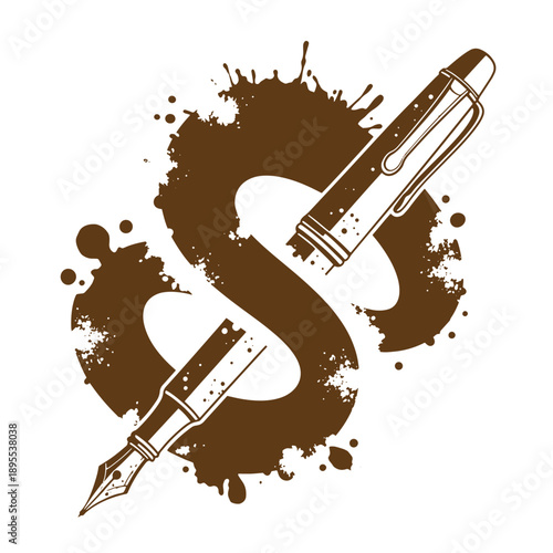 Vintage Grunge texture Illustration of a fountain pen and nib on a dollar sign with ink splatters