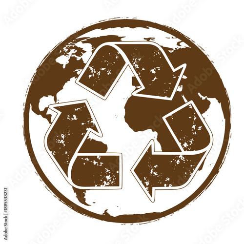 Vintage Grunge texture recycling symbol on a distressed globe icon for eco friendly and environmental concepts  representing earth conservation