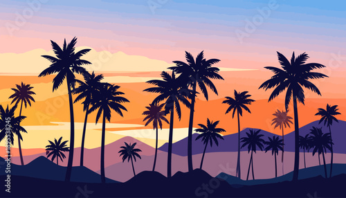 Tropical Sunset with Palm Trees Silhouette Vector