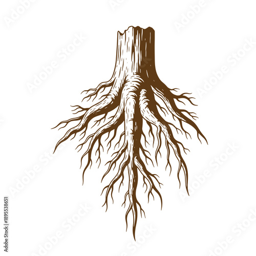 Vintage Grunge texture tree stump with exposed roots on white background