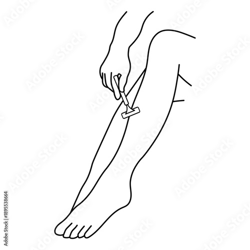 脚（すね）の毛を剃っている人の線画イラスト