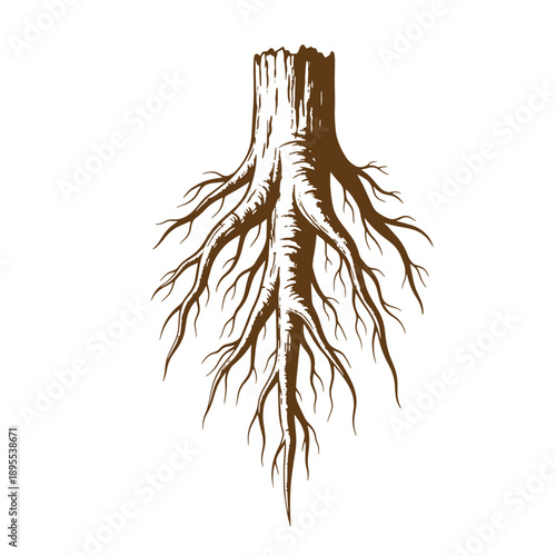 Vintage Grunge texture tree stump with exposed roots on white background