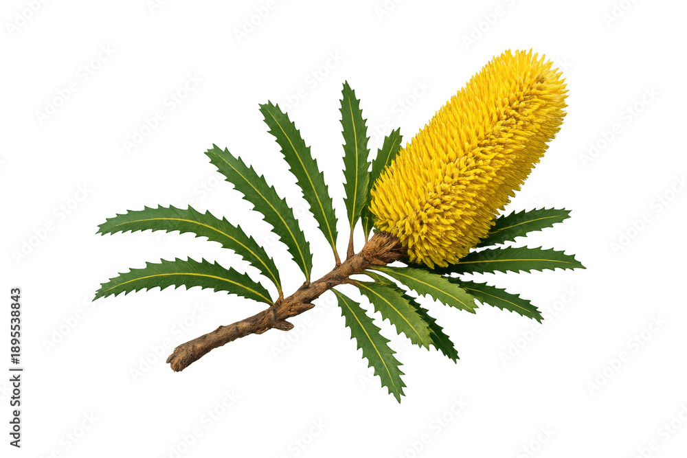 Fototapeta premium Banksia flower spike showcasing vibrant yellow petals and green serrated leaves on a brown branch, transparent background