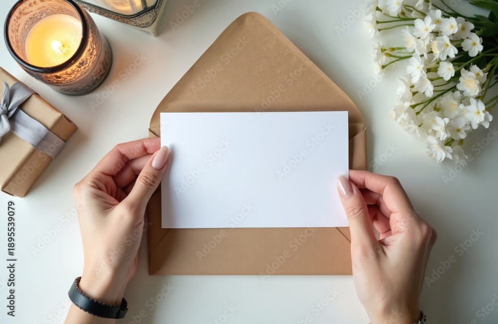 Obraz premium Woman holds blank white card from brown envelope. Gift box, white flowers, candle on table. Ready for message writing for any occasion, celebration, or greeting.