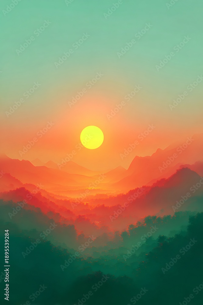 Obraz premium Mountain landscape at sunrise with orange and teal sky