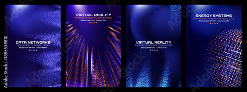 Blue and orange digital light particle backgrounds on dark blue for tech, virtual reality, energy, and data networks concept
