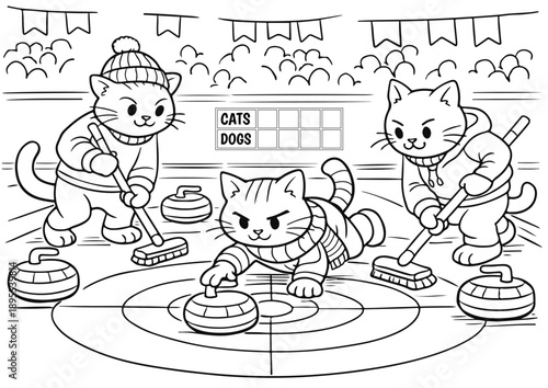 A playful black and white line art illustration featuring adorable cats playing curling on an ice rink for children’s coloring books, pages,  educational activities, printables, sports-themed designs.