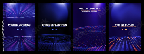 Set of four tech digital vector backgrounds with dynamic glowing dots. Abstract design for machine learning, space, virtual reality, and future concepts.