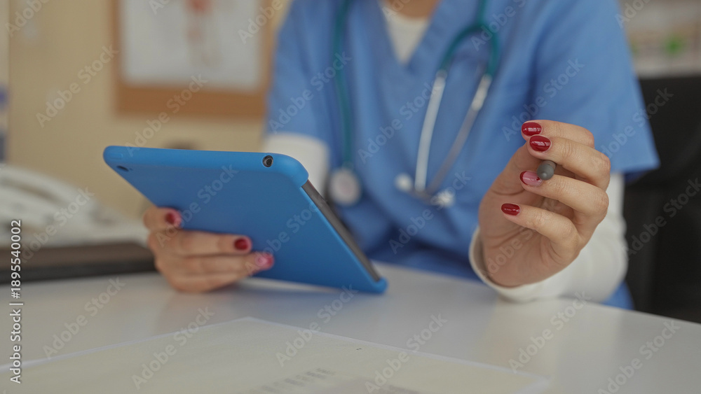 Fototapeta premium Woman in scrubs uses tablet with stylus in clinic setting, emphasizing indoor healthcare workplace environment and focus on technology, communication, and modern medical practices.