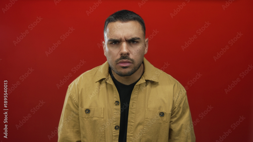 Obraz premium Young hispanic man wearing yellow jacket with intense frown in front of red studio wall; frustration.