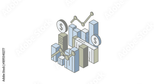 3D illustration of financial growth graph with dollar signs and coins.
