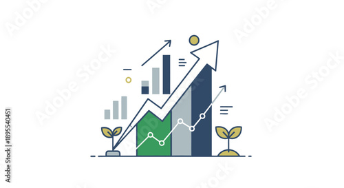 Financial growth graph with rising arrow and investment symbols.