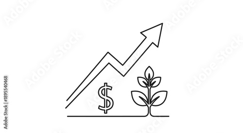 Simple line art graph showing financial growth with dollar sign and sprouting plant.