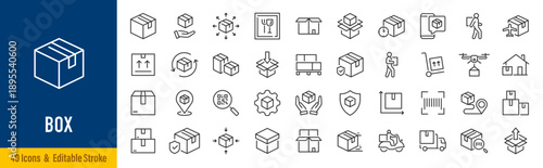 Box web icons in line style. Delivery box, package, cargo box, export, distribution, collection. Vector illustration.