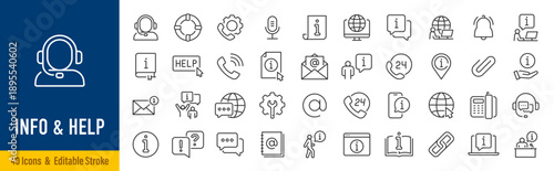 Info and help web icons in line style. Information, assistant, support, online help, manual, online help, info center, instruction, rules, collection. Vector illustration.