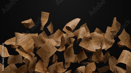 Falling Ancient Manuscripts and Vintage Contracts on Black Background - Historical Archive and Magic Concept