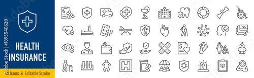 Health insurance web icons in line style. Protection, accident, diagnostic, safety, doctor, collection. Vector illustration.